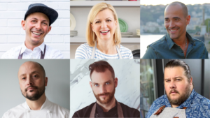 Headshots of celebrity chefs: Matt Basile, Anna Olson, David Rocco, Patrick Kriss, Romain Avril, and Rodney Bowers