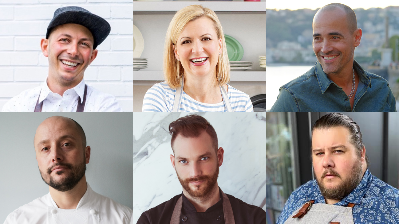 Headshots of celebrity chefs: Matt Basile, Anna Olson, David Rocco, Patrick Kriss, Romain Avril, and Rodney Bowers